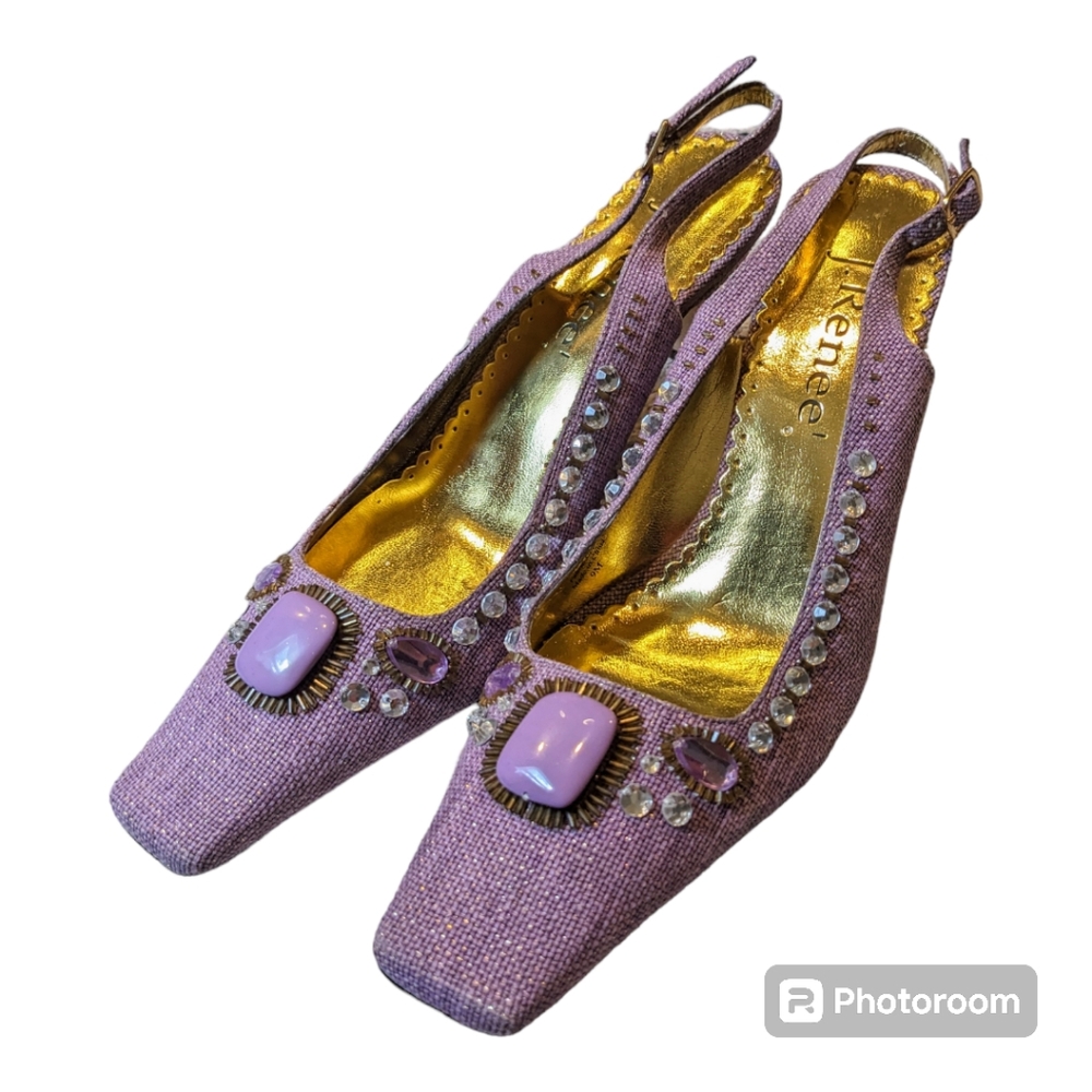 J. Renee decorated purple Brocade Slingbacks heels size 9M